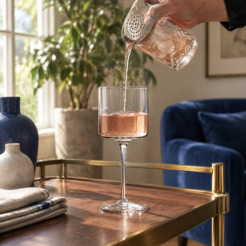 Main versant un mélange ambre rosé par passoire julep dans le verre à cocktail Vigie, desserte en laiton et noyer