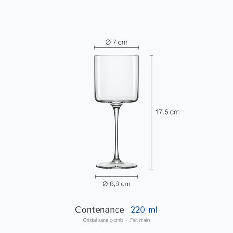 Dimensions du verre à cocktail Vigie : hauteur 17,5 cm, diamètre 7 cm en haut et 6,6 cm à la base, contenance 22 cl