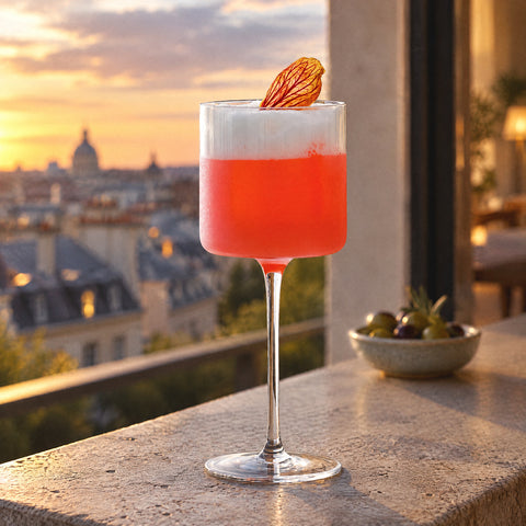 Verre à cocktail Vigie rempli d'une boisson rouge orangé mousseuse, pétales séchés sur le bord, appui de fenêtre en pierre