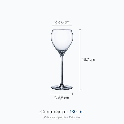 Verre à cocktail galbé Bilboquet : hauteur 18,7 cm, diamètre du buvant 5,8 cm, diamètre du pied 6,8 cm, contenance 18 cl