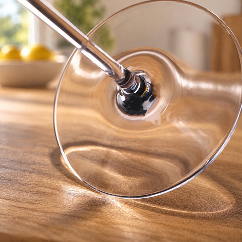 Gros plan sur le pied du verre à cocktail galbé Bilboquet et sa tige, couché sur un plan en bois, citrons et bol flous.