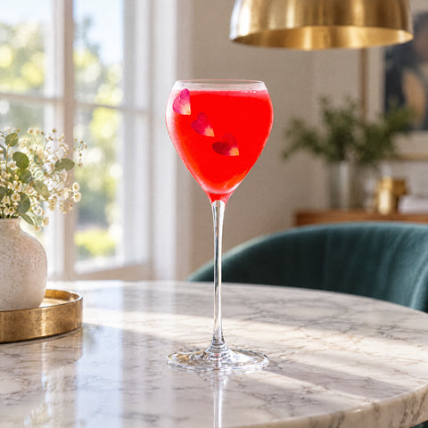 Verre à cocktail galbé Bilboquet rempli d'une boisson rouge vif, pétales roses en cœur, tapis de bar noir, table en marbre