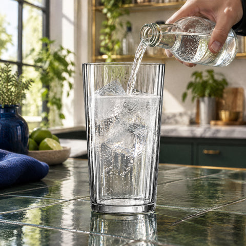 Main versant du tonic d'une bouteille dans le verre à cocktail Écorce sur gin et glaçons, comptoir en carrelage vert foncé
