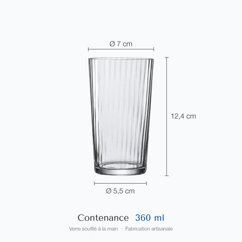 Cotes du verre à cocktail Écorce : hauteur 12,4 cm, diamètre du haut 7 cm, diamètre de la base 5,5 cm, contenance 36 cl