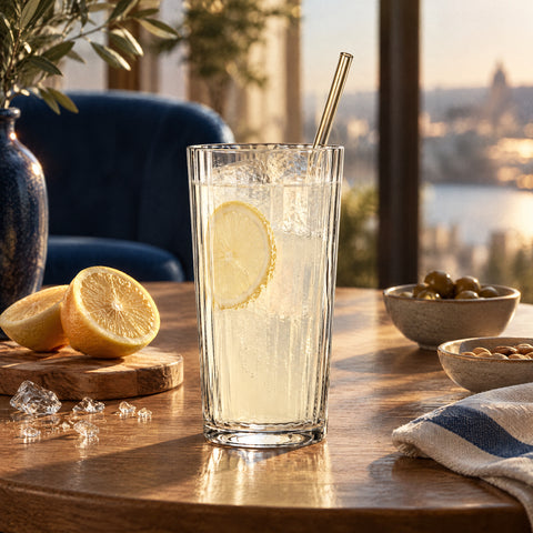 Verre à cocktail Écorce garni d'un Tom Collins, glaçons, rondelle de citron et paille, demi-citrons sur planchette en bois