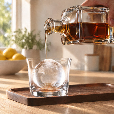 Main versant du whisky d'une carafe en cristal dans le verre old fashioned Largo, sphère de glace, plateau en noyer