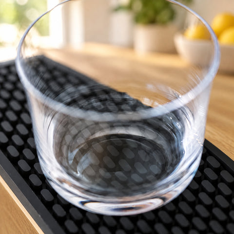 Gros plan sur le buvant fin et le fond épais du verre old fashioned Largo, tapis de bar noir, coupe de citrons floue