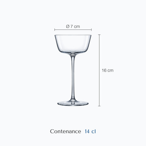 Dimensions : Verre à Cocktail Professionnel (hauteur 16 cm, diamètre 7 cm, contenance 14 cl)