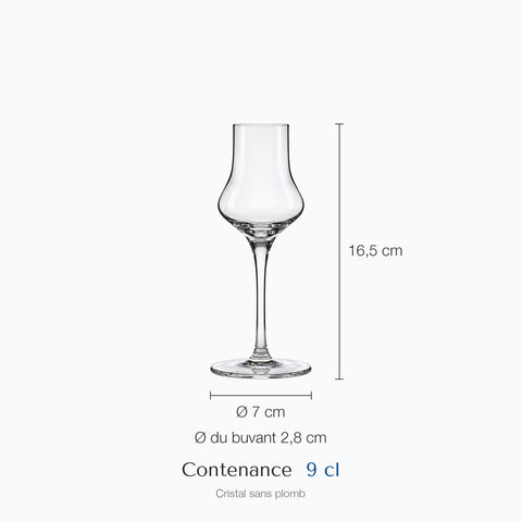 Dimensions : Verre à Dégustation Cognac (hauteur 16,5 cm, diamètre 2,8 cm, contenance 9 cl)