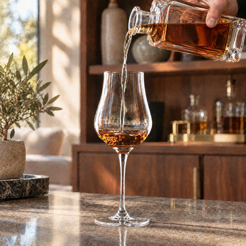 Filet de whisky ambré versé d'une carafe en cristal dans le verre à eau de vie Bouquet, sur une table sombre texturée