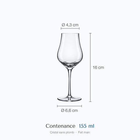 Cotes du verre à eau de vie Bouquet : hauteur 16 cm, diamètre du haut 4,3 cm, de la base 6,6 cm, contenance 15,5 cl