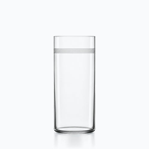 Verre à eau gravé cylindrique en cristal transparent, frise de lignes sous le buvant