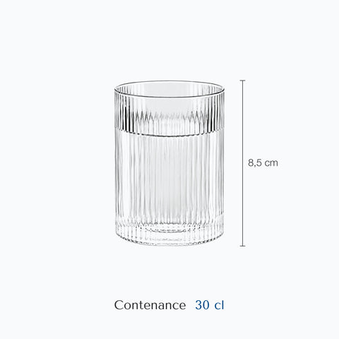 Dimensions : Verre à Eau Strié (hauteur 8,5 cm, contenance 30 cl)