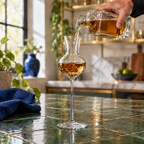 Main de barman versant un whisky ambré d'une carafe en cristal dans le verre à grappa Globe à moitié plein, sur le comptoir