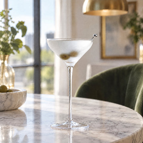 Verre à manhattan Inflexion rempli d'un cocktail clair aux olives vertes sur une table en marbre, fauteuil vert et suspension laiton flous