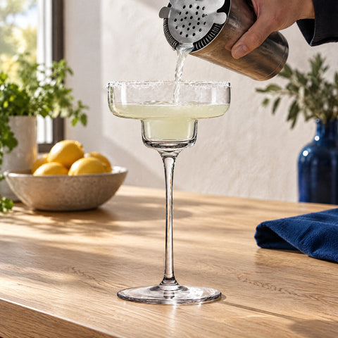 Main versant du shaker un cocktail vert pâle dans le verre à margarita Semplice au bord givré de sel, îlot en chêne clair