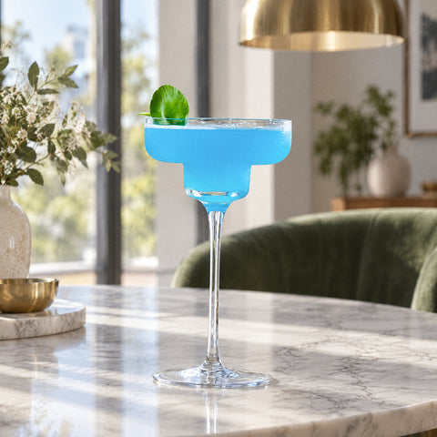Verre à margarita Semplice rempli d'un cocktail bleu pâle, feuille de menthe sur le bord, table ronde en marbre blanc