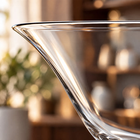 Gros plan sur le buvant fin et évasé du verre à martini Pavillon, en contre-jour sur fond blanc