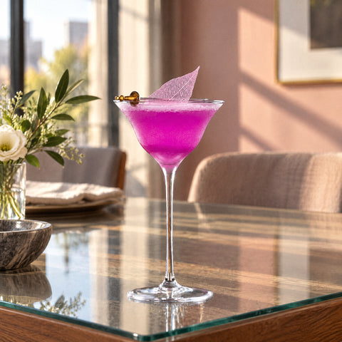 Verre à martini Pavillon rempli d’un cocktail magenta mousseux, feuille squelette rose et pique à perles dorées sur le bord