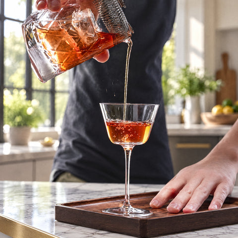 Main versant un cocktail rouge ambré à la passoire julep dans le verre à martini Crescendo, plateau en bois, îlot en marbre