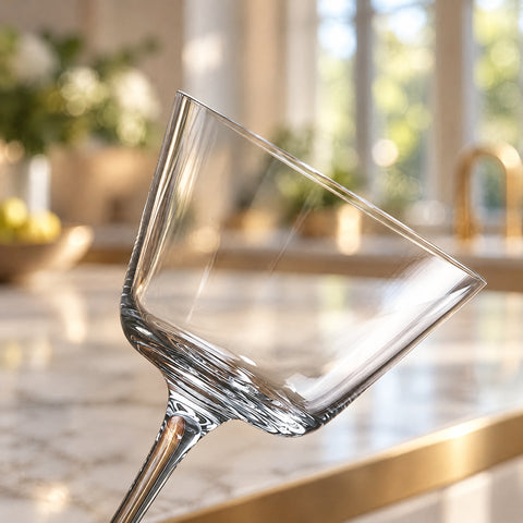 Gros plan sur la coupe inclinée du verre à martini Crescendo, buvant fin et évasé, paroi conique et jonction avec la jambe