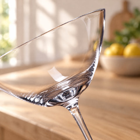 Gros plan sur le bol incliné du verre à martini évasé Crescendo et le départ de la tige, bois clair et citrons flous