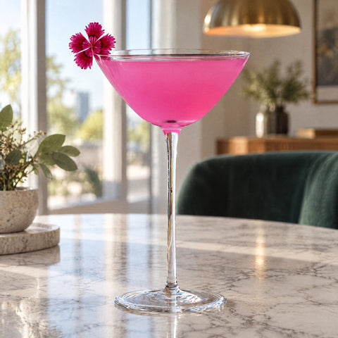 Cocktail rose dans le verre à martini évasé Crescendo, petite fleur au bord, sur tapis de bar noir, suspension en laiton