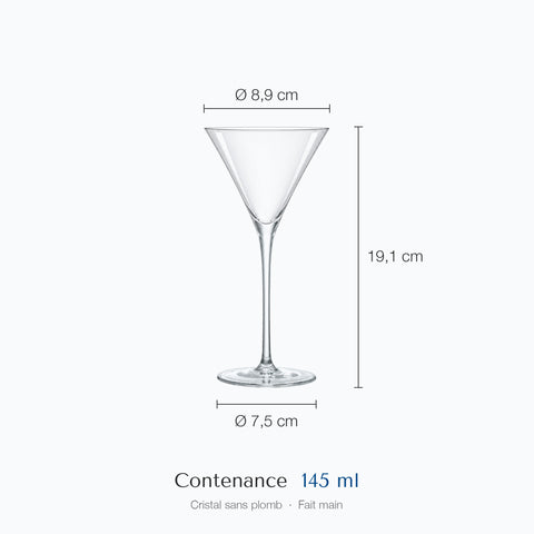 Verre à martini japonais Épure coté sur fond blanc : hauteur 19,1 cm, diamètre 8,9 cm en haut et 7,5 cm à la base, 14,5 cl