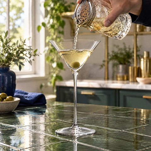 Main versant un cocktail doré à la passoire julep dans le verre à martini pied haut Aiguille, comptoir carrelé vert foncé