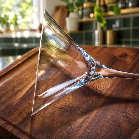 Gros plan sur le buvant fin et le cône du verre à martini pied haut Aiguille couché sur une planche en noyer