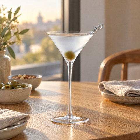 Verre à martini pied haut Aiguille au cocktail pâle et olive verte, pique en métal sur le bord, table d'apéritif en chêne