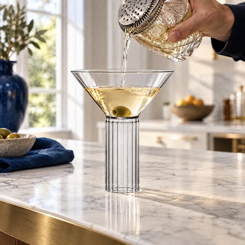 Cocktail doré versé à la passoire julep dans le verre à martini sans pied Cabochon, olive verte au fond, îlot en marbre blanc