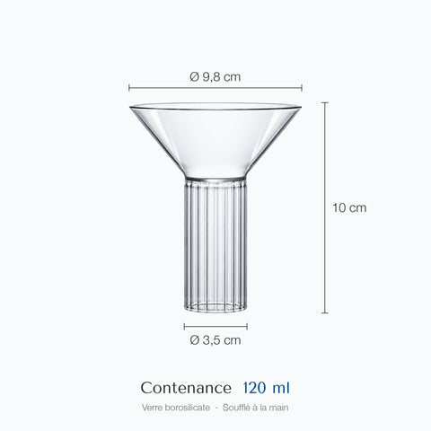 Cotes du verre à martini sans pied Cabochon : hauteur 10 cm, diamètre du haut 9,8 cm, de la base 3,5 cm, contenance 12 cl