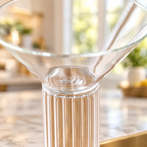 Gros plan sur le fût cannelé et la coupe du verre à martini sans pied Cabochon, flou lumineux d'un îlot en marbre blanc