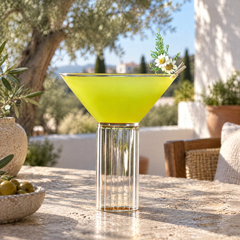 Cocktail jaune-vert, pince en bois et marguerites au bord du verre à martini sans pied Cabochon, terrasse aux oliviers