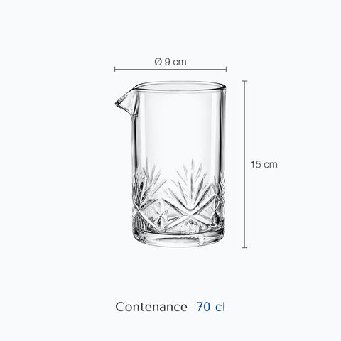 Dimensions : Verre à Mélange Cocktail (hauteur 15 cm, diamètre 9 cm, contenance 70 cl)