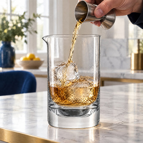 Main versant au jigger du whisky ambré dans le verre à mélange lisse Remous sur deux gros glaçons, îlot en marbre blanc