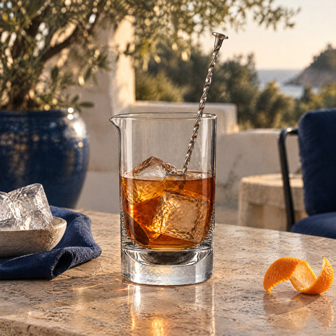 Cuillère de bar torsadée dans le verre à mélange lisse Remous au cocktail ambré, zeste d'orange à côté, glace sur un linge