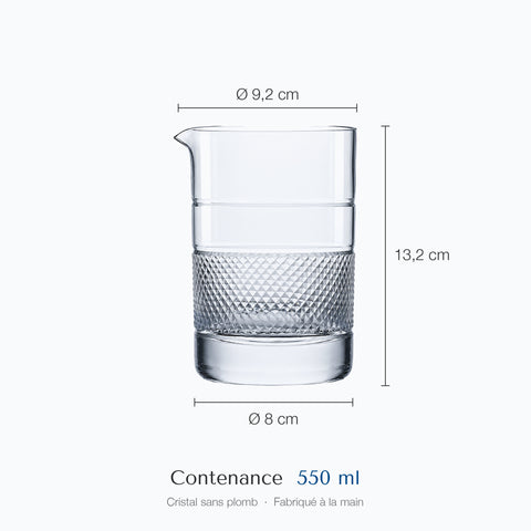 Verre à mélange Jonc avec cotes : 13,2 cm de haut, 9,2 cm de diamètre au bord, 8 cm à la base, contenance 55 cl