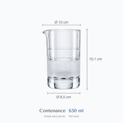 Cotes du verre à mélange Jonc : hauteur 15,1 cm, diamètre 10 cm en haut et 8,5 cm à la base, contenance 65 cl