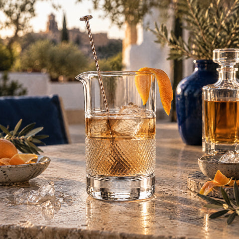 Verre à mélange Jonc rempli d'un cocktail ambré sur glace, cuillère de bar, zeste d'orange au bord et carafe en cristal