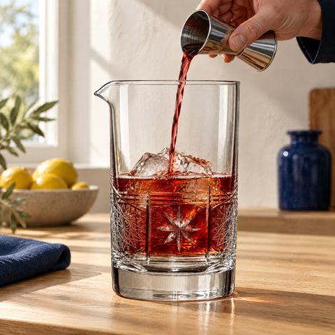 Main versant du vermouth rouge d'un doseur dans le verre à mélange Ruban sur glaçons, îlot en chêne clair, bol de citrons