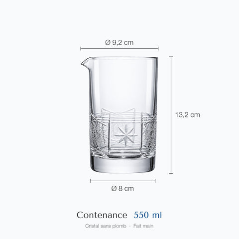 Cotes du verre à mélange Ruban : hauteur 13,2 cm, diamètre du haut 9,2 cm, diamètre de la base 8 cm, contenance 55 cl