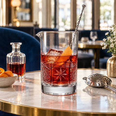 Verre à mélange Ruban rempli de cocktail ambré jusque sous le décor taillé, glaçons, buée et reflets sur pierre sombre