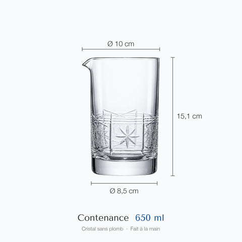 Verre à mélange Boussole coté sur fond blanc : hauteur 15,1 cm, diamètre 10 cm en haut et 8,5 cm à la base, 65 cl