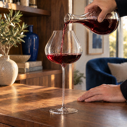 Main versant du vin rouge d'une carafe en cristal dans le verre à pied ballon Amphore, l'autre main à plat sur la table