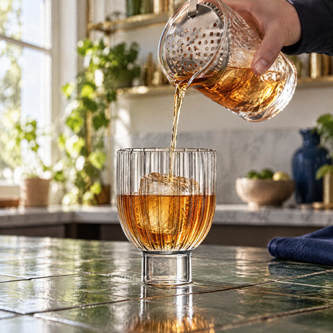 Main versant un Old Fashioned à la passoire julep dans le verre à pied bas Melon, gros glaçon, comptoir carrelé vert