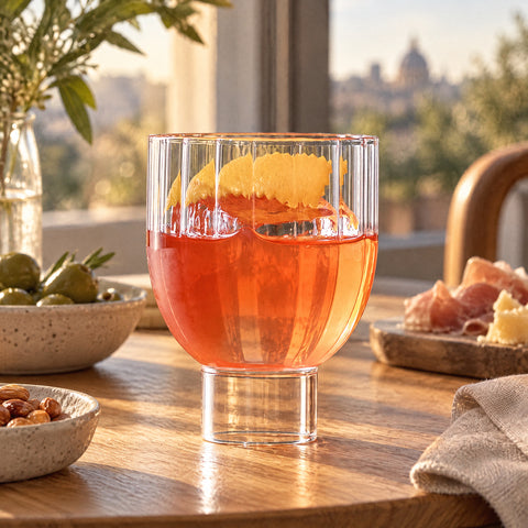 Verre à pied bas Melon rempli d'un cocktail orangé, zeste d'orange en surface, table ronde en chêne, serviettes en lin