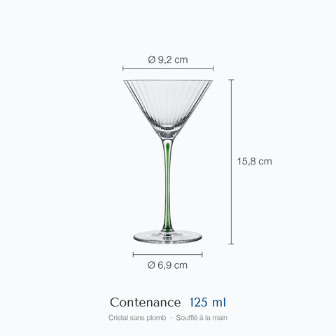 Cotes du verre à pied Tourmaline : hauteur 15,8 cm, diamètre haut 9,2 cm, base 6,9 cm, contenance 12,5 cl
