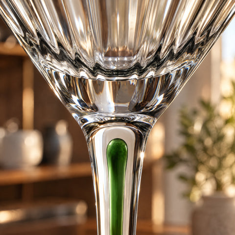 Gros plan sur le fond de la coupe et le haut de la tige du verre à pied Tourmaline, côtes arrondies et fil vert en goutte
